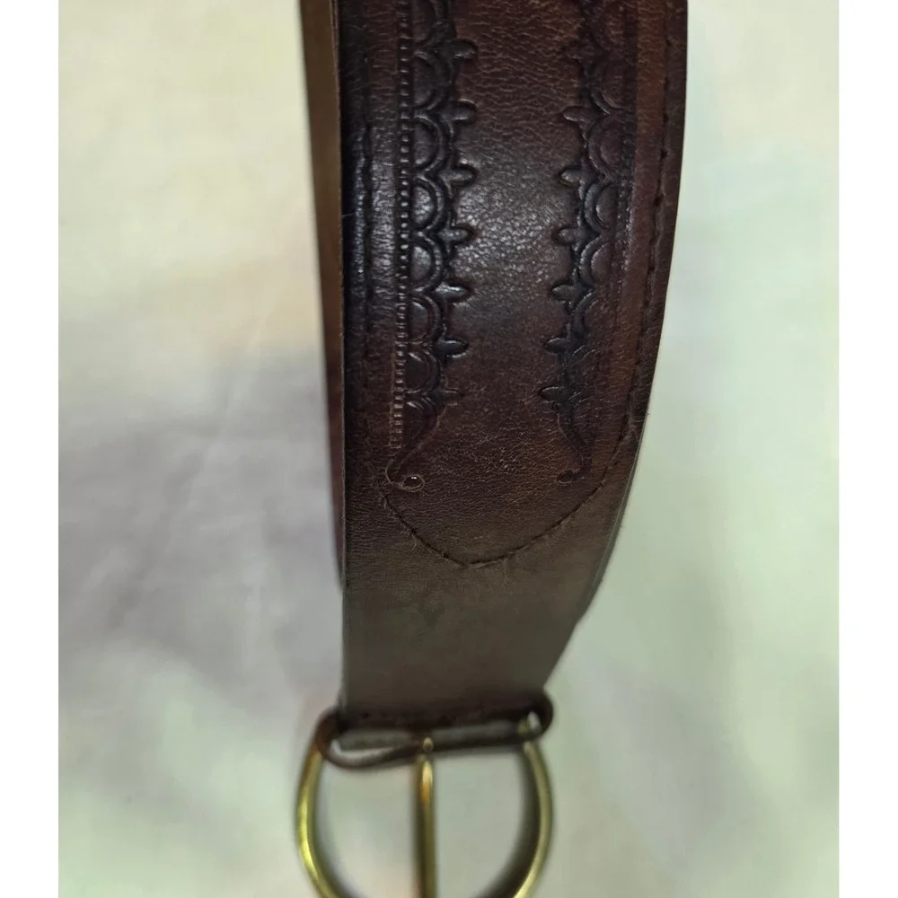 Vintage Brown Tooled Leather Belt Floral Embossed Brass Buckle Western Mens 34